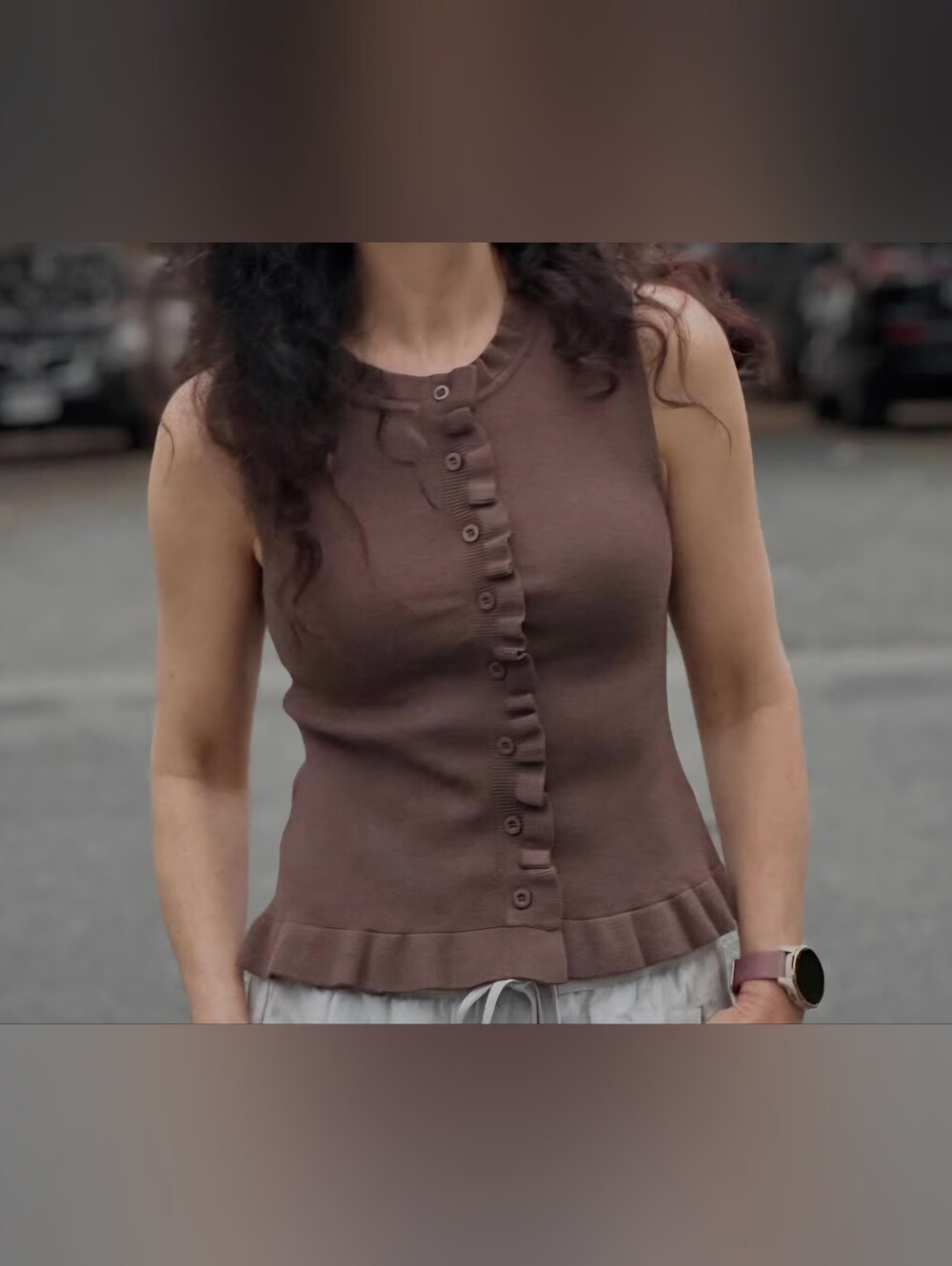 Camila Coelho Knit Ruffle Top, XS, Chocolate Brown, Sleeveless, Crewneck